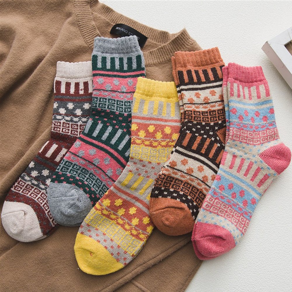 Womens 5 Pairs Vintage Style Thick Crew Socks - Picture 14 of 16